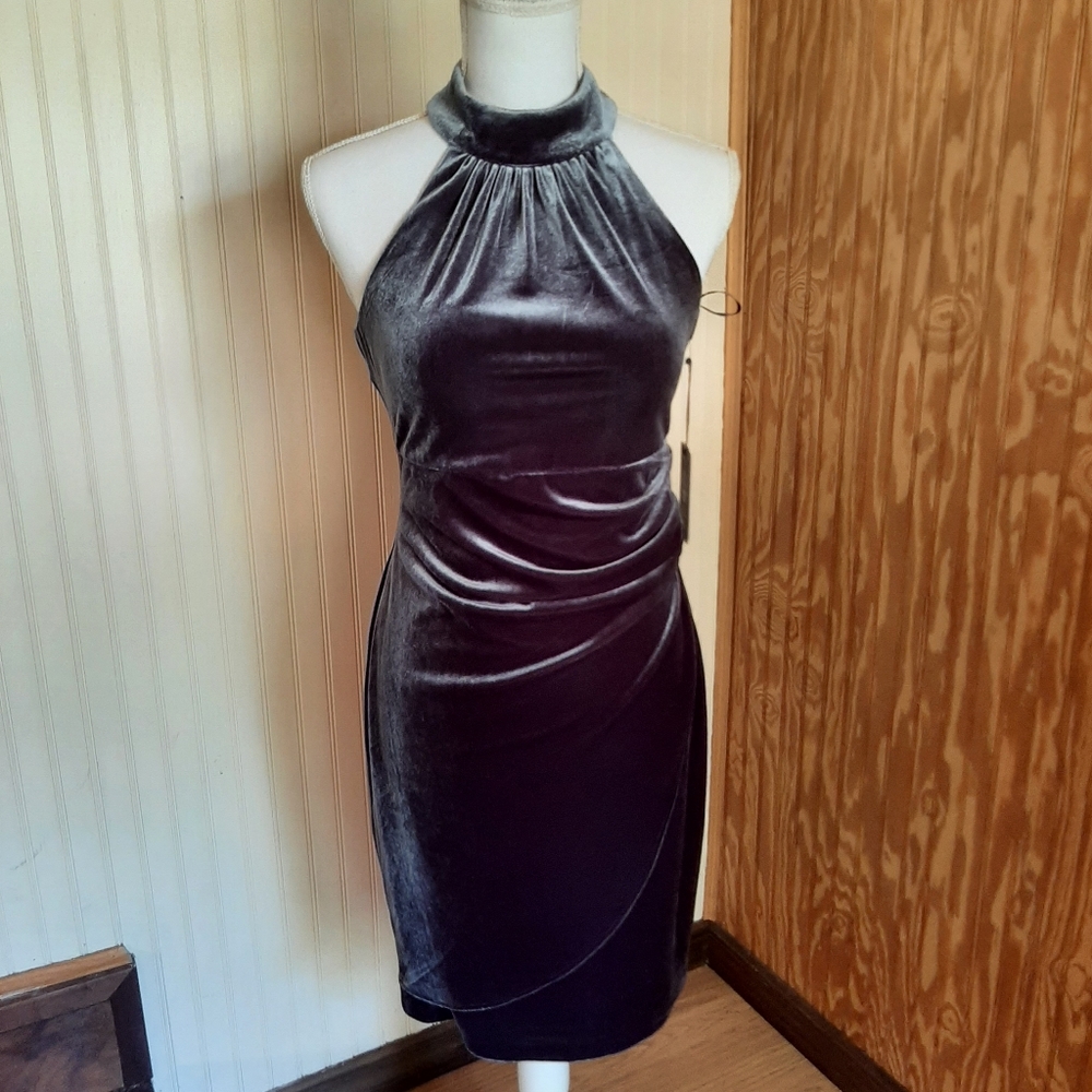 NWT Vince Camuto Gray Velvet Choker High Neck Sleeveless Formal Dress